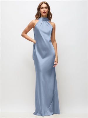 Light blue satin bias maxi dress, draped halter neckline, open back