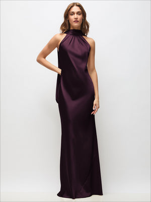Draped Scarf Halter Open-Back Stretch Satin Bias Maxi Dress with Adjustable Straps
