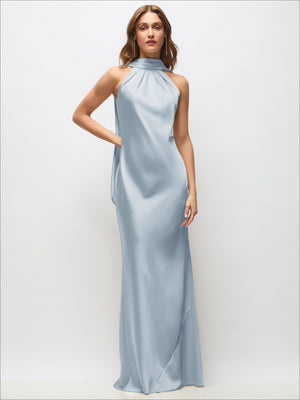 Light blue satin bias maxi dress, draped halter top, open back, adjustable straps