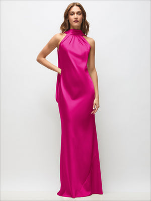 Draped Scarf Halter Open-Back Stretch Satin Bias Maxi Dress with Adjustable Straps