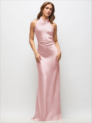 Ballet pink satin maxi dress with high cowl neck and sleeveless silhouette