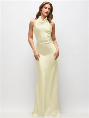Satin bias maxi dress with high cowl neck, sleeveless cut in pale yellow