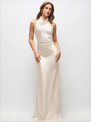 Cream ivory stretch satin bias maxi dress with high cowl neck, sleeveless.