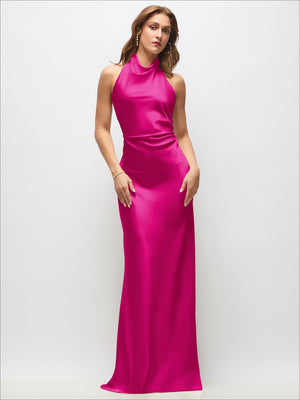 Fuchsia satin maxi dress with high cowl neck and fitted bias drape