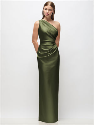 Olive green one-shoulder draped satin column maxi dress with gathered wrap bodice