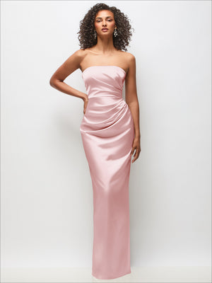 Blush pink strapless satin column maxi dress with draped ruched bodice and fitted skirt