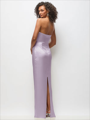 Lilac satin column maxi dress with draped bodice and thin shoulder straps