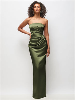 Strapless draped satin column maxi dress in olive gold