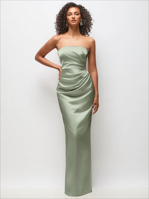 Strapless draped satin column maxi dress in sage green with subtle ruched bodice
