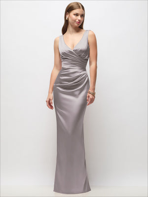 Sleeveless draped wrap satin maxi dress, champagne gray with V-neck ruched drape