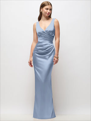 Sleeveless draped satin column maxi dress in light blue, V-neck wrap bodice