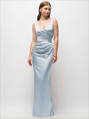 Sleeveless draped satin column maxi dress in light blue, fitted column silhouette