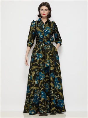 Belted peacock-blue floral jacquard maxi shirt dress, long sleeves, sash tie.