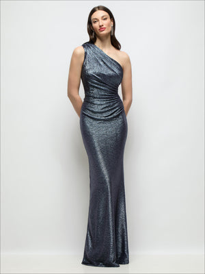 Midnight navy metallic one-shoulder ruched waist gown, fitted column silhouette, floor-length