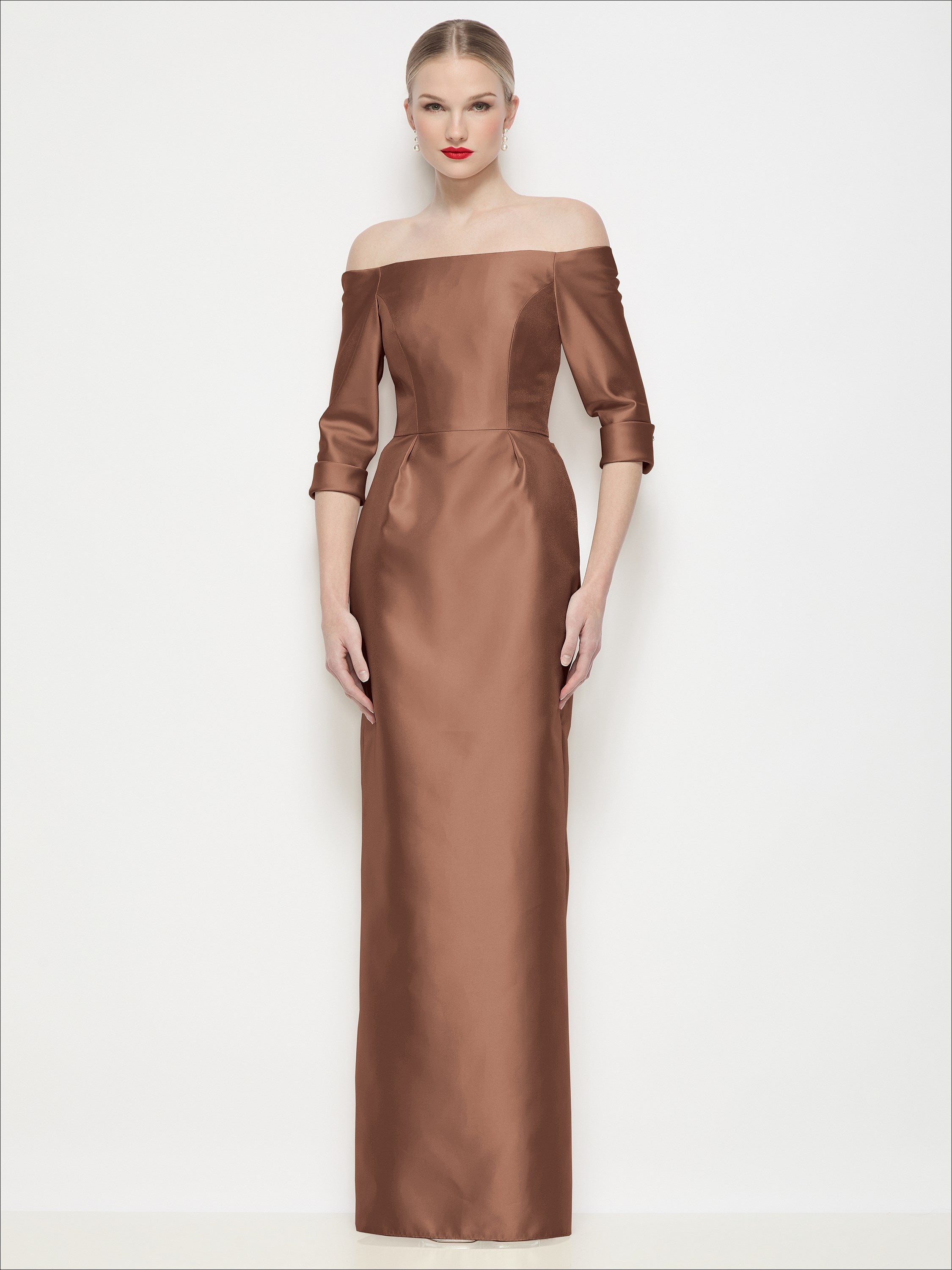 Off-the-Shoulder 3/4 Sleeve Column Satin Maxi Dress