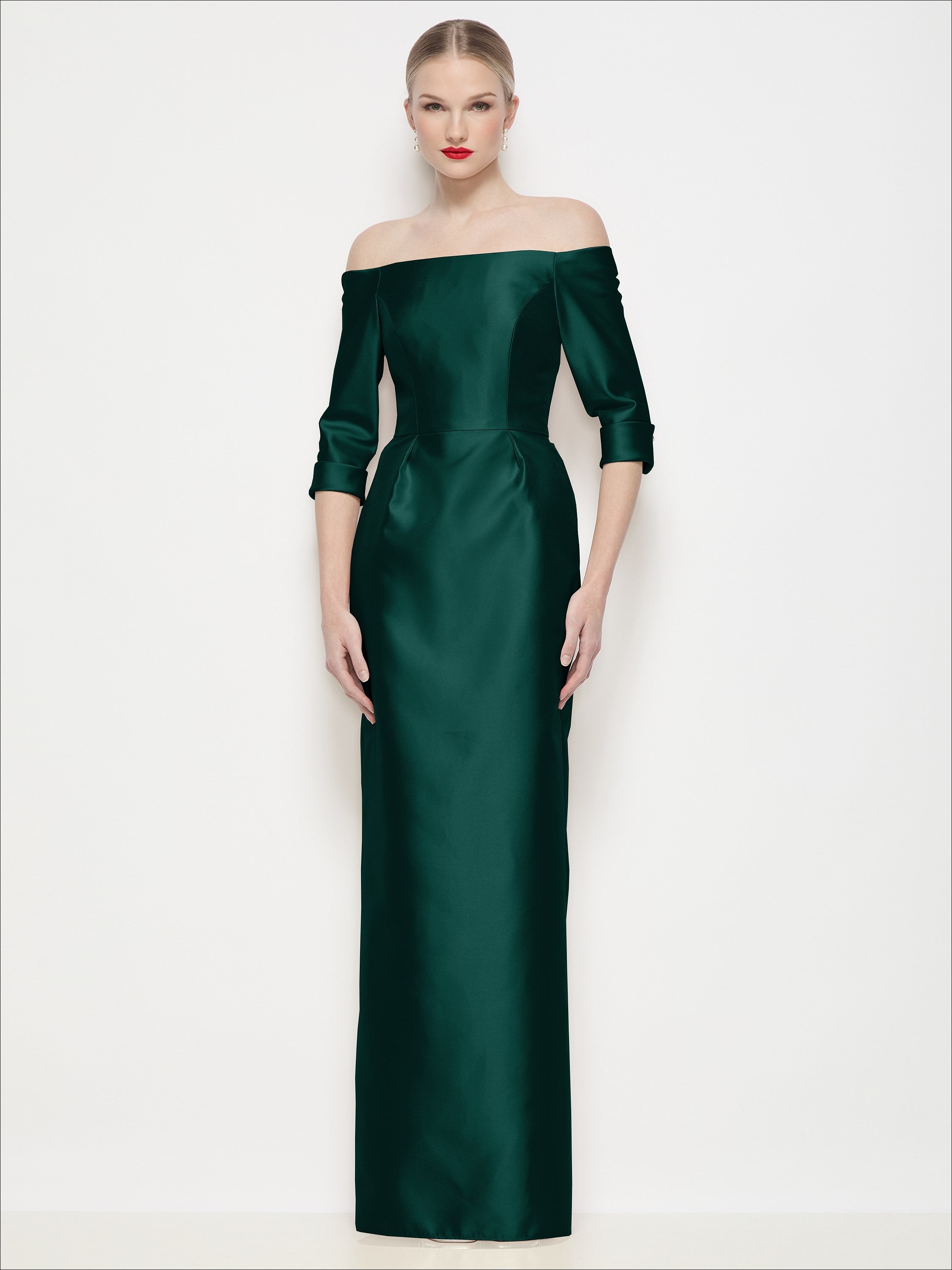 dessy uk bridesmaid dresses Off-the-Shoulder 3/4 Sleeve Column Satin Maxi Dress Total length of 146