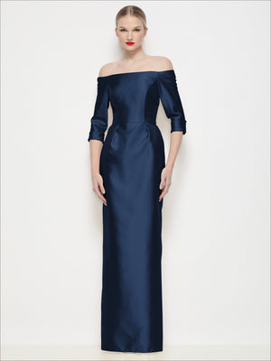 Off-the-shoulder satin column maxi dress, dark navy, off-shoulder neckline and 3/4 sleeves