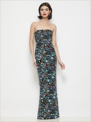 Black floral sequin strapless column maxi dress, fitted bodice and long column skirt