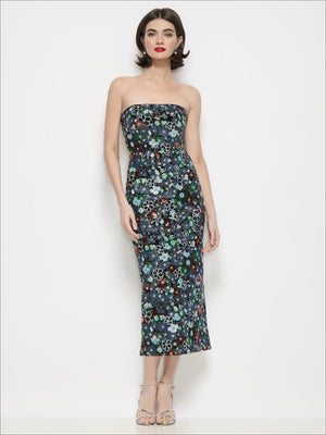 Black multi strapless floral sequin midi column dress, fitted straight silhouette