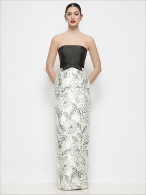 Strapless satin maxi dress with black bodice and white floral column skirt