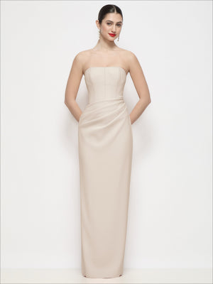 Strapless corset maxi dress in light blush, column skirt with softly gathered waist