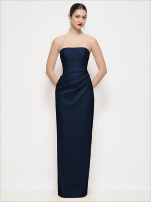 Strapless corset maxi dress in dark navy, smooth column skirt with fitted waist