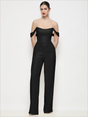 Off-shoulder black crepe wide-leg formal jumpsuit with structured basque neckline