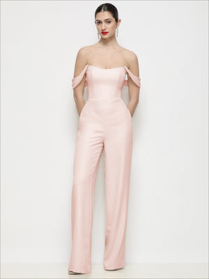 Off-shoulder blush crepe wide-leg formal jumpsuit with folded neckline and off-shoulder straps