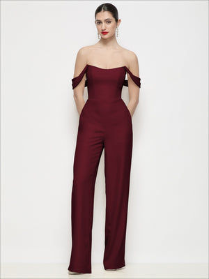 Off-the-shoulder crepe wide-leg formal jumpsuit, deep burgundy, basque waist