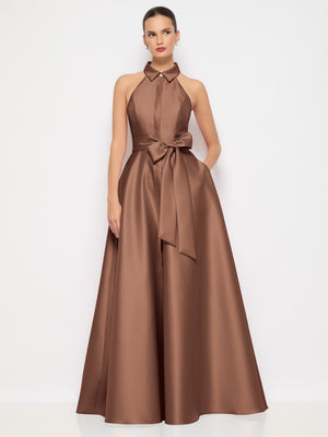 Cognac halter satin dress gown with tie sash and jeweled buttons