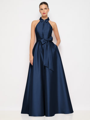 Midnight navy halter satin dress gown with tie sash and jeweled buttons