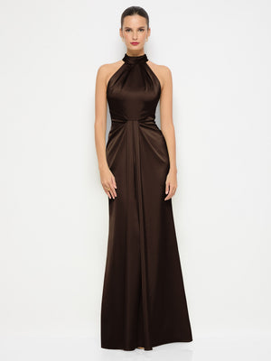 Cognac satin halter maxi dress with high neck and draped waist detail