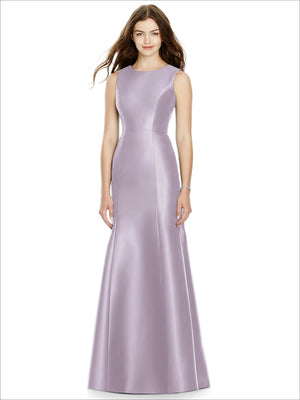Lilac satin bridesmaid dress with sleeveless fit-and-flare silhouette, scoop neckline