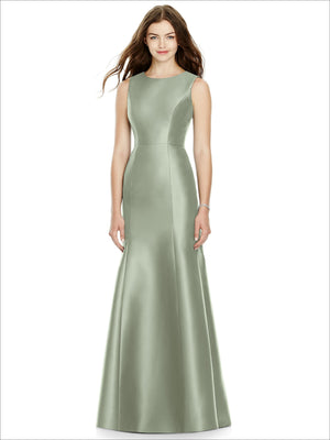 Satin bridesmaid dress in sage green, sleeveless high neckline, fitted A-line silhouette