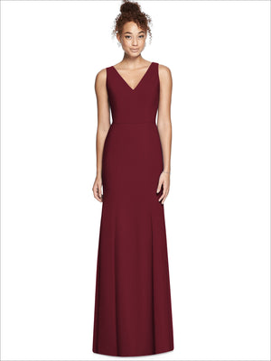 Sleeveless burgundy bridesmaid dress, V-neck bodice with center slit long skirt