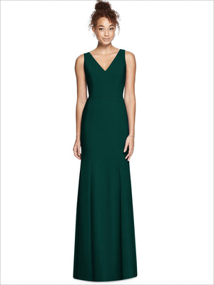 Sleeveless dark green bridesmaid dress with V-neck bodice and floor-length skirt