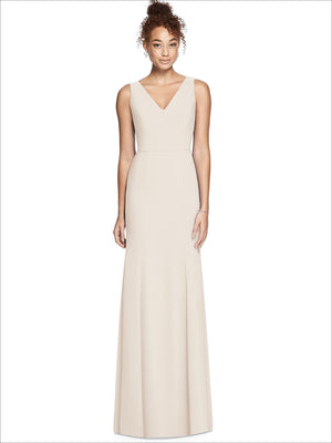 V-neck sleeveless bridesmaid dress in light cream, long column skirt