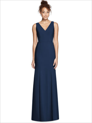 V-neck sleeveless bridesmaid dress in deep navy, fitted bodice, long pleated skirt