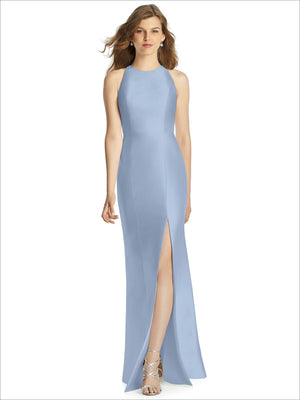 Soft blue sleeveless bridesmaid dress with high neckline and side slit