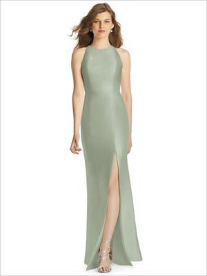 Sage green sleeveless bridesmaid dress with high neckline and front side slit
