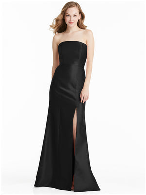 Black strapless formal bridesmaid dress with fitted bodice and side slit, floor length