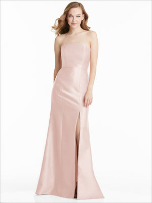 Blush strapless bridesmaid dress with straight neckline, fitted waist, front thigh slit, satin
