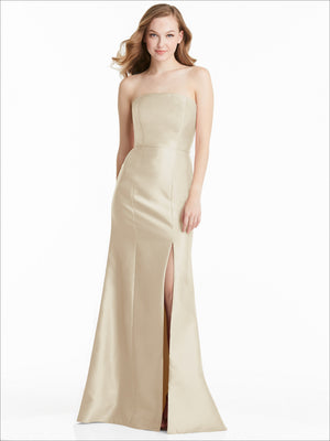 Strapless champagne-beige bridesmaid dress with fitted bodice and front slit