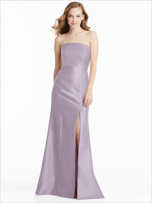 Lavender strapless formal bridesmaid dress with fitted bodice and side slit, floor length