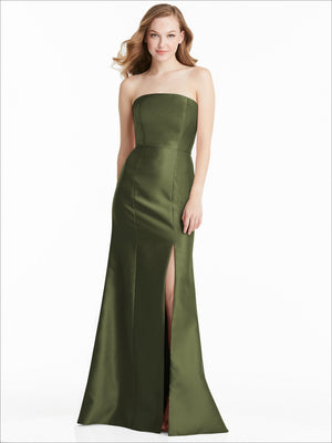 Olive green strapless satin bridesmaid dress with front slit