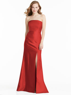 Red strapless formal bridesmaid dress with fitted bodice and side slit, floor length