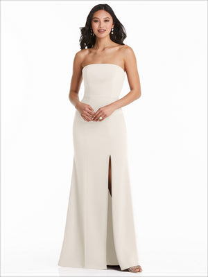 Strapless bridesmaid dress in light cream/ivory with fitted bodice and front slit