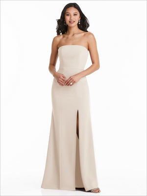 Ivory strapless maxi bridesmaid dress with side slit and fitted column silhouette