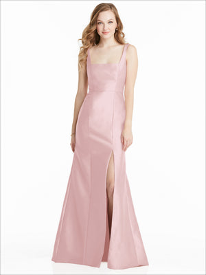 Sleeveless bridesmaid dress, square neckline, front slit, soft pink satin.