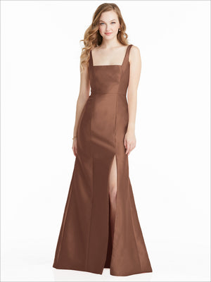 Brown satin bridesmaids dress with square neckline and front leg slit, sleeveless